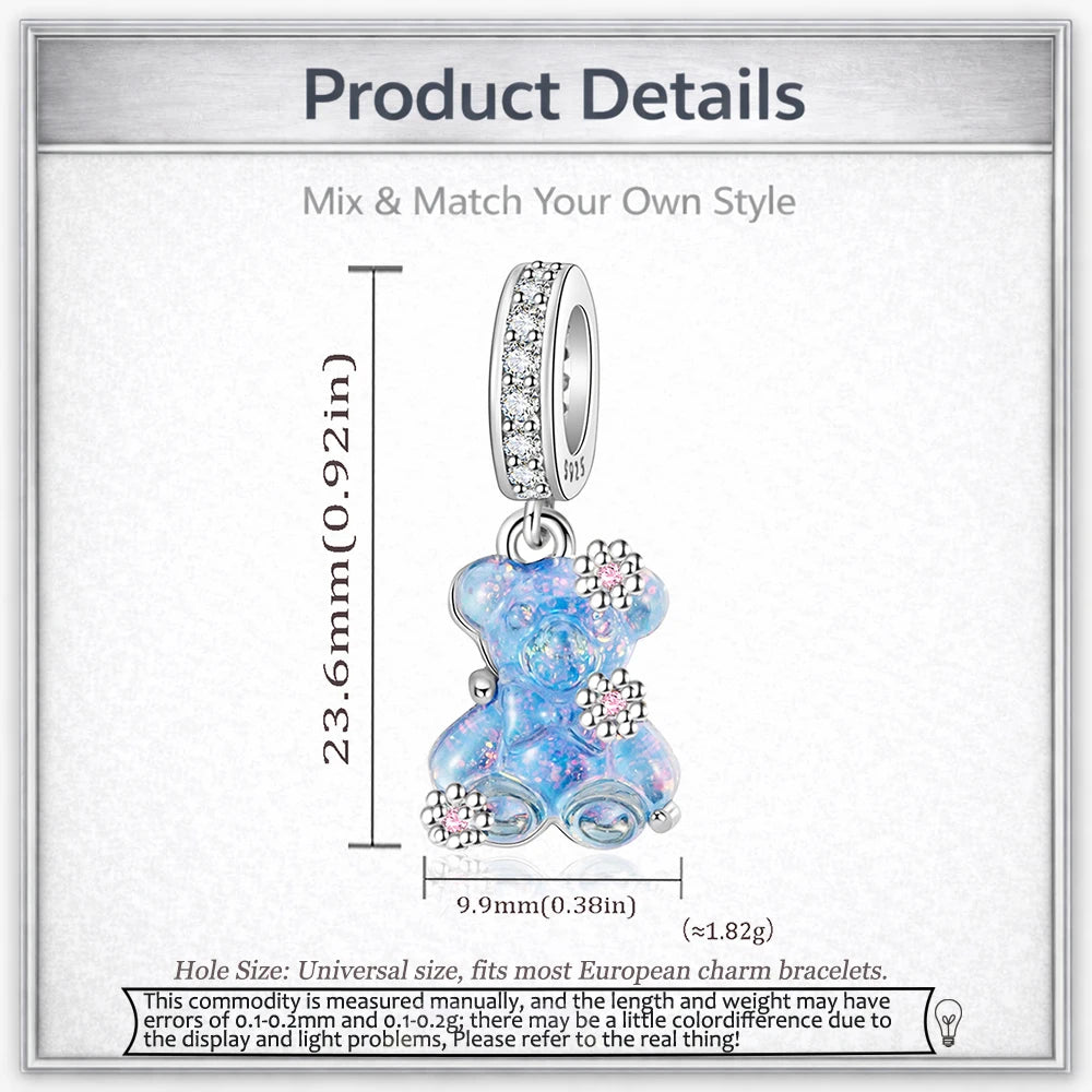 925 Sterling Silver Bear Dangle Charm Resin