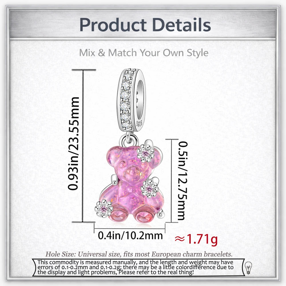 925 Sterling Silver Bear Dangle Charm Resin